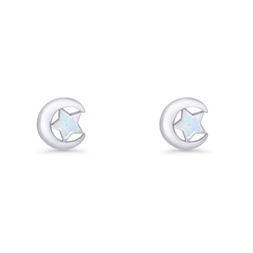 Crescent Moon & Star Stud Earring Lab Created White Opal 925 Sterling Silver Wholesale